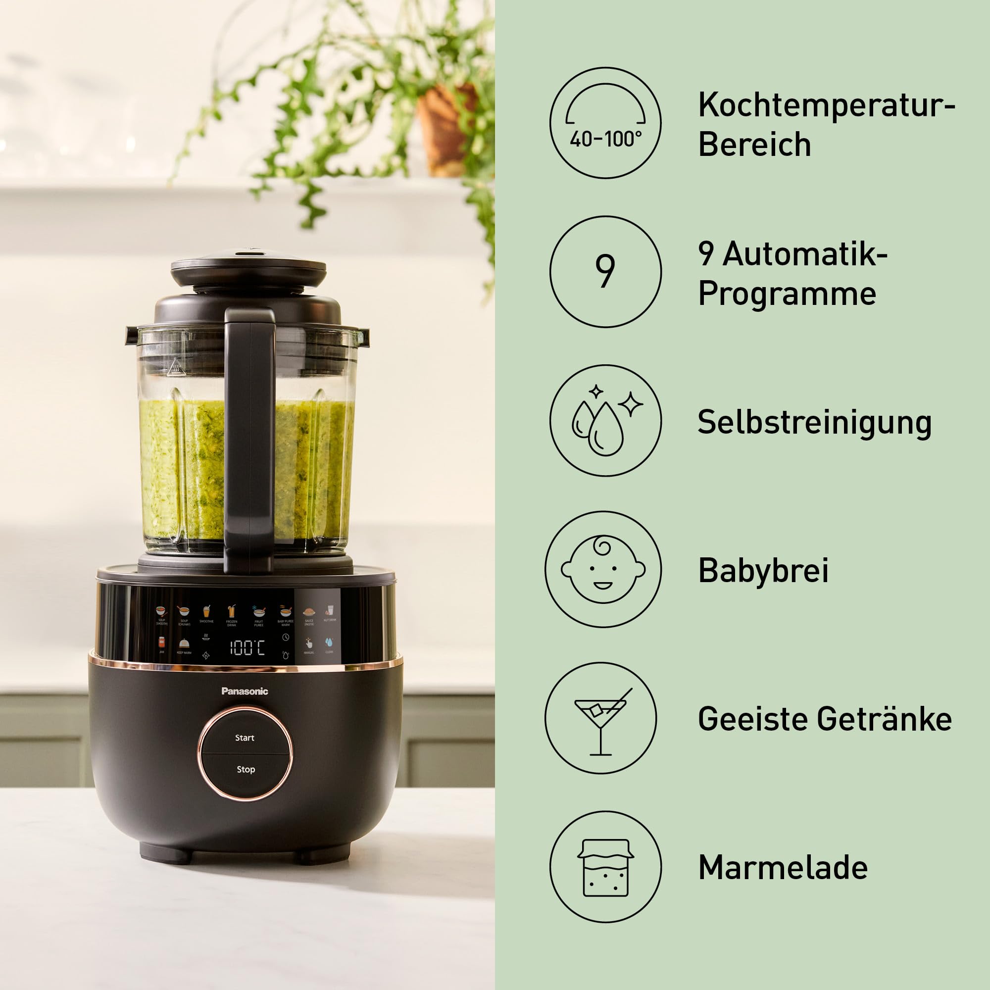 Panasonic MX-HG4401KXE Standmixer 1.2 l 800W Leiser Mixer Heiß & Kalt 9 Programme Schwarz Roségold