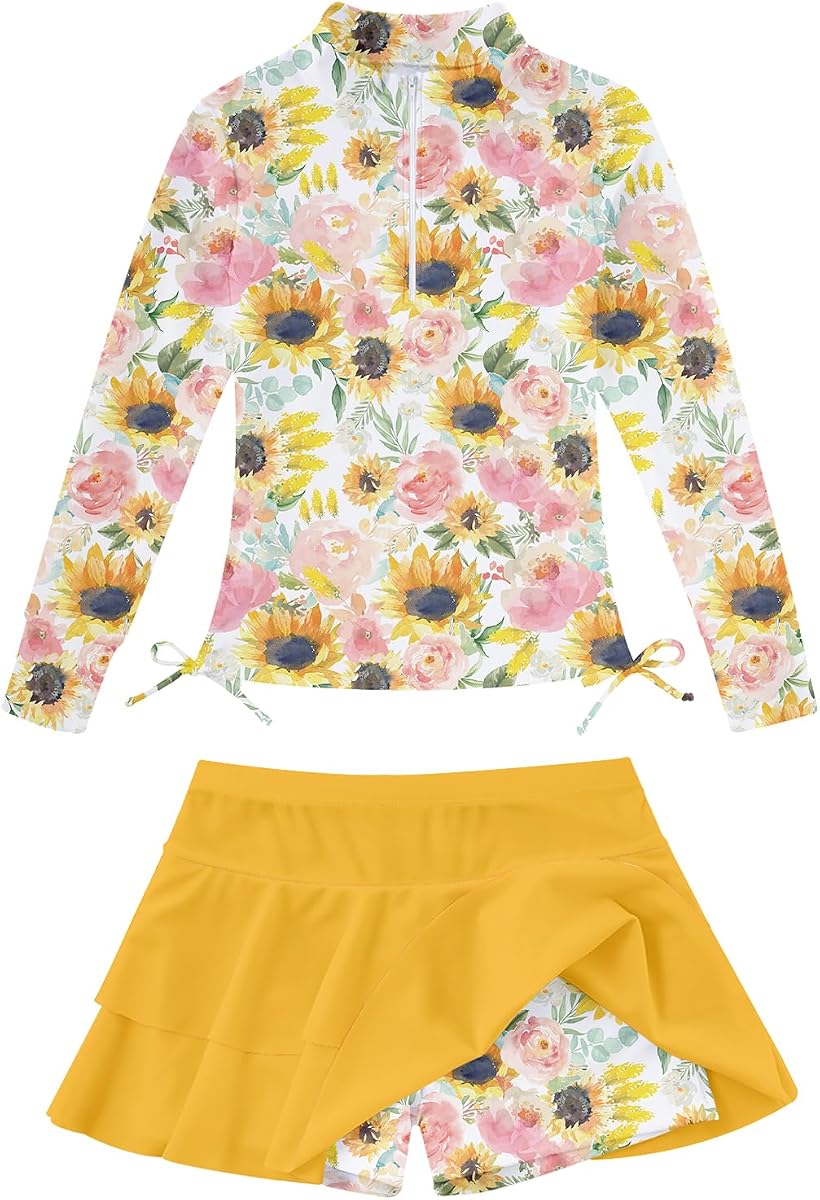 Vogseek Girls Rashguard 2 Pieces Bathing Suit Long Sleeve Swimsuit 3-12T | Toddler Swimwears, Swimming Skirt with Shorts Swimwear, Half-Zip Long-Sleeve Sun-Protective Swimsuit