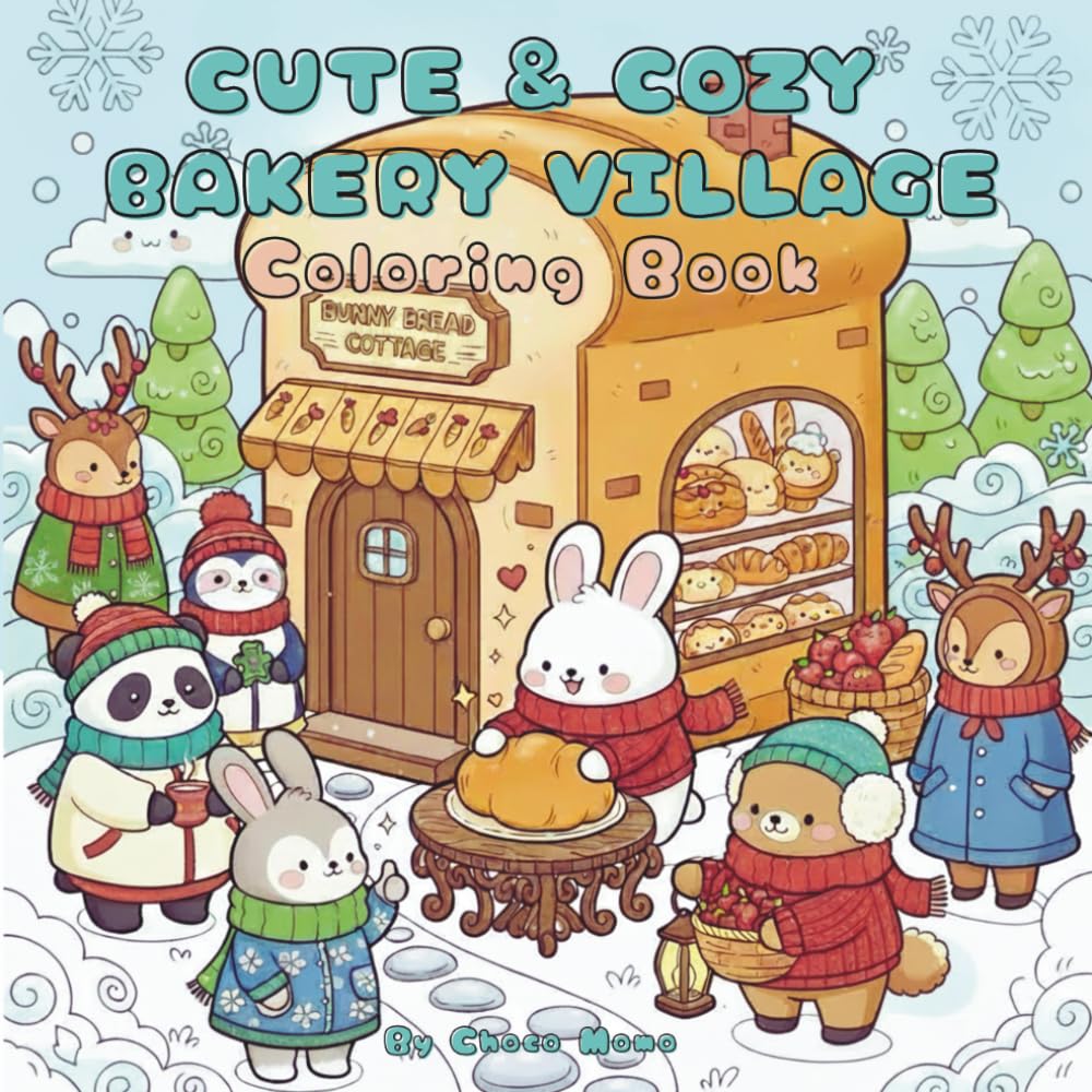 Cute & Cozy Bakery Village Coloring Book: 50 Adorable Winter Bakery & Café Scenes with Cute Animal Bakers in a Cozy Sweet Village
