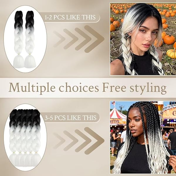 ShowJarlly Treccia Africane Extension 24", Treccia Capelli, Ombre Jumbo Treccia Capelli Fibra treccia di scatola, Per Crochet Twist Intrecciare I Capelli (Nero/bianco) - 4