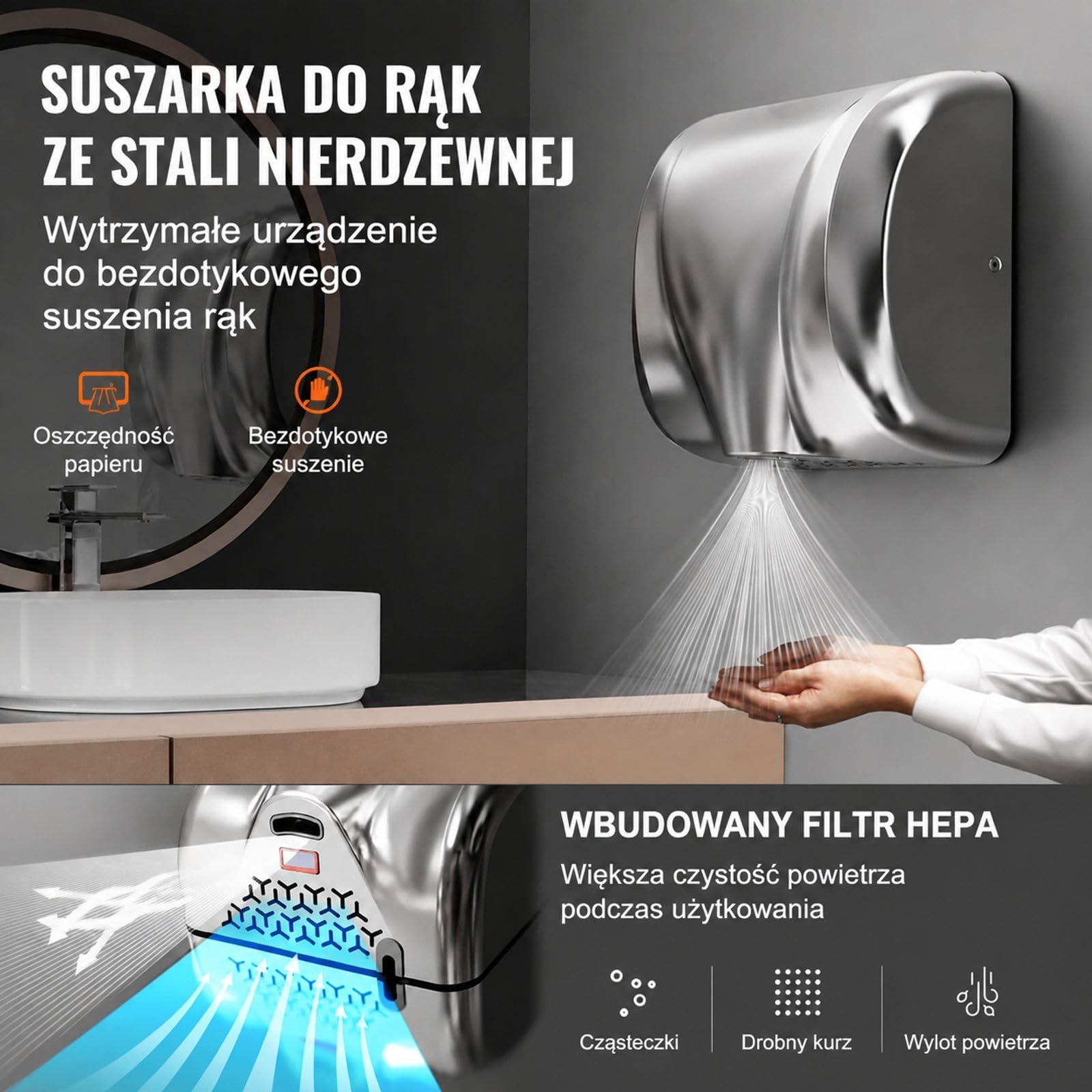 Elektryczna suszarka do rąk 1300 W ze stali nierdzewnej 304, czujnik podczerwieni, montaż ścienny do toalety i kuchni