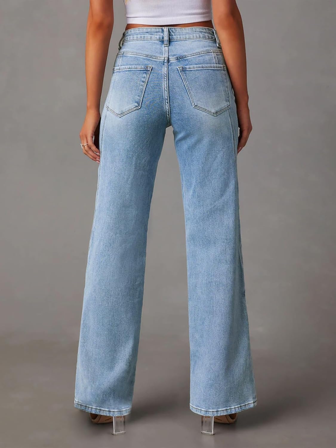 Womens Wide Leg Jeans Mid High Waisted Baggy Straight Leg Stretchy Denim Pants Seamed Long Trousers - Image 5