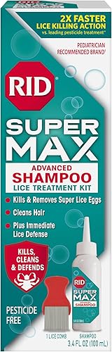 RID Super Max Advanced Champú Tratamiento de eliminación de piojos, 3.4 onzas líquidas, incluye peine para eliminar liendres