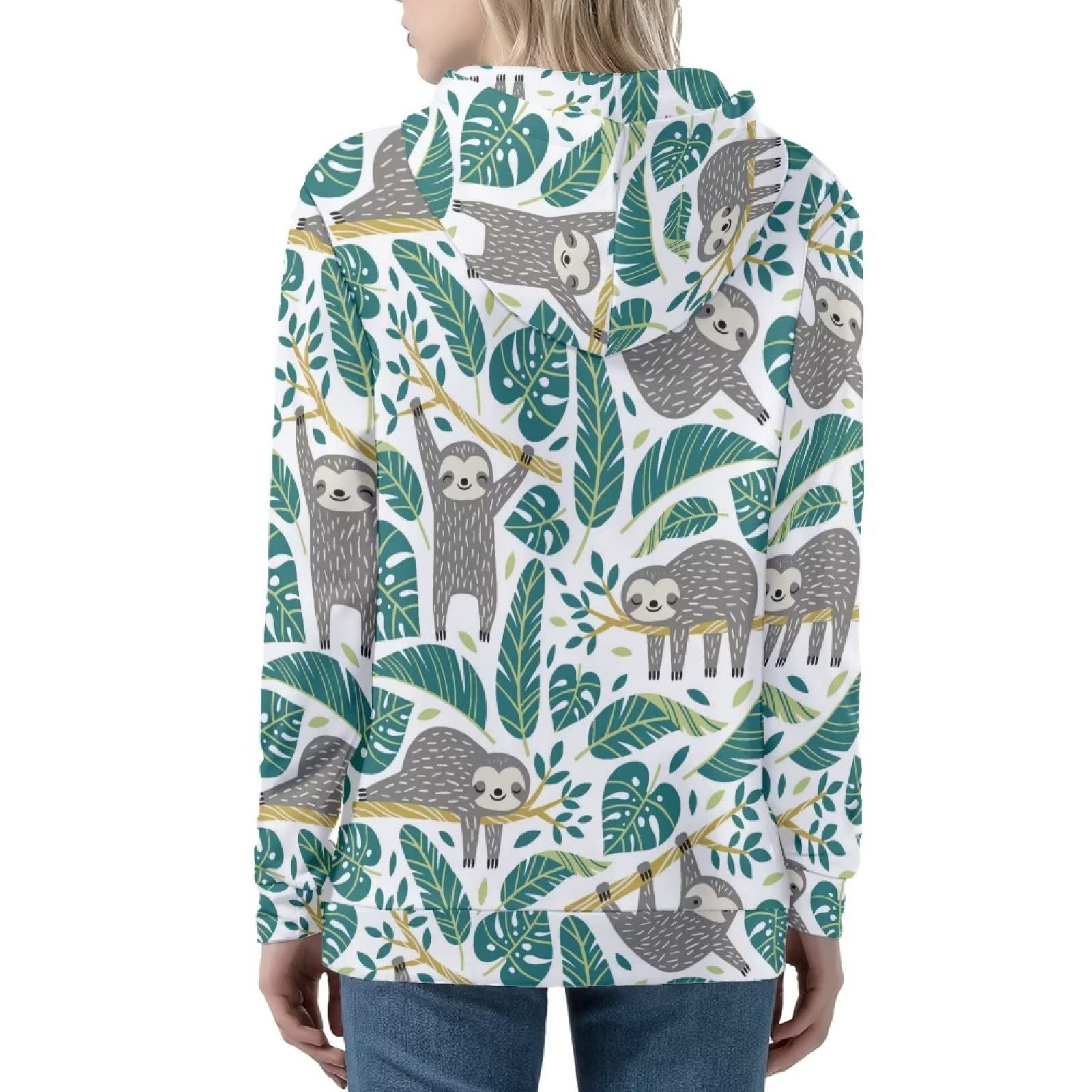 Xoenoiee Y2K bluza z kapturem damska bluza z zamkiem błyskawicznym dziewczęca kurtka uliczna długi rękaw oversize swetry z kapturem luźny krój, Tropikalne liście leniwiec, 3XL