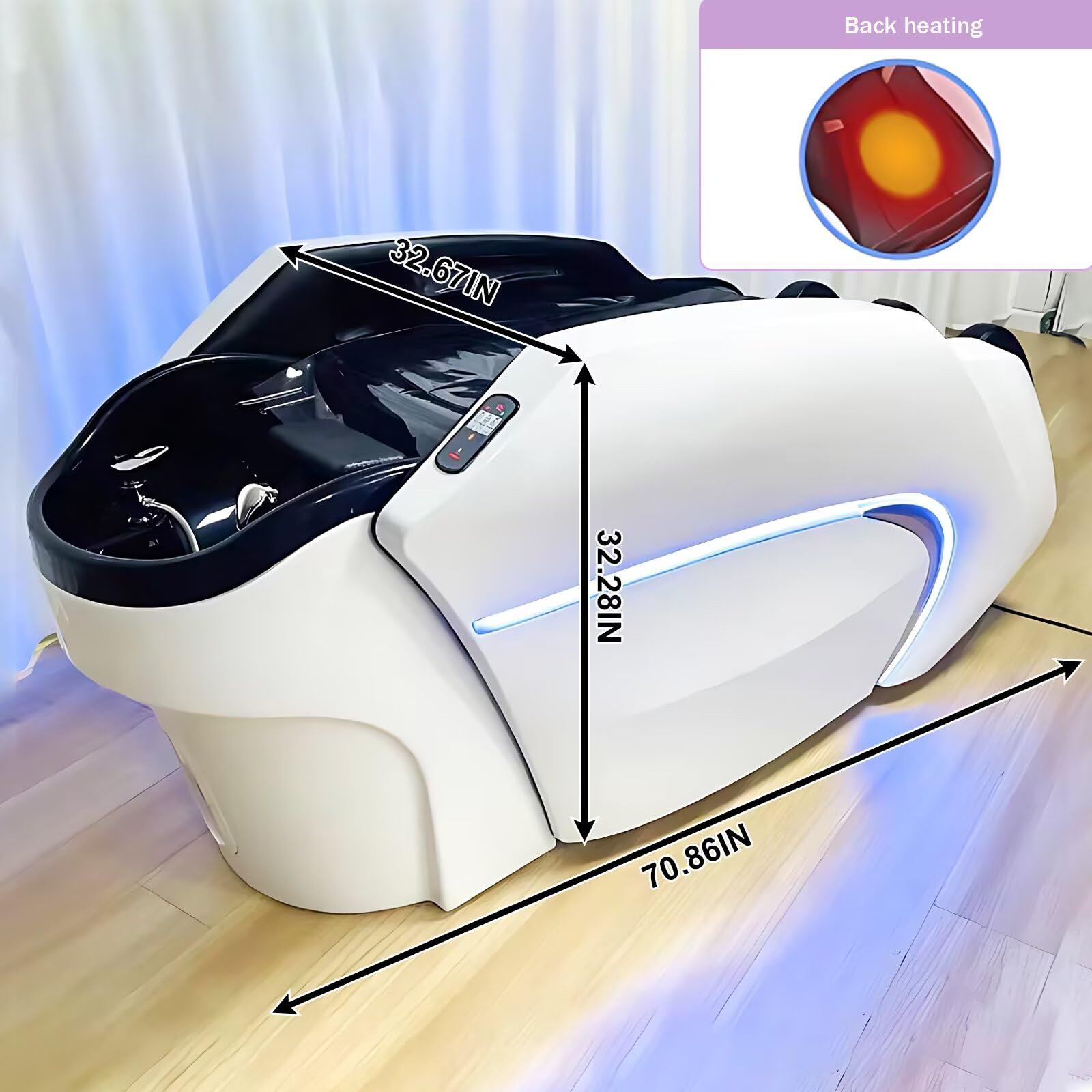Professionelle Salon-Waschliege mit Massagefunktion, Kopfmassage-Ausstattung mit Ambientebeleuchtung (White Technology), Ganzkörpermassage, Rückenheizung, Weiche Kopfstütze