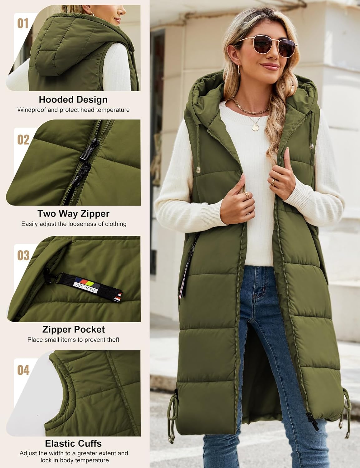 Long Womens Puffer Vest Winter Sleeveless Puffy Jacket with Hood Warm Quilted Vest 2025 - Image 3