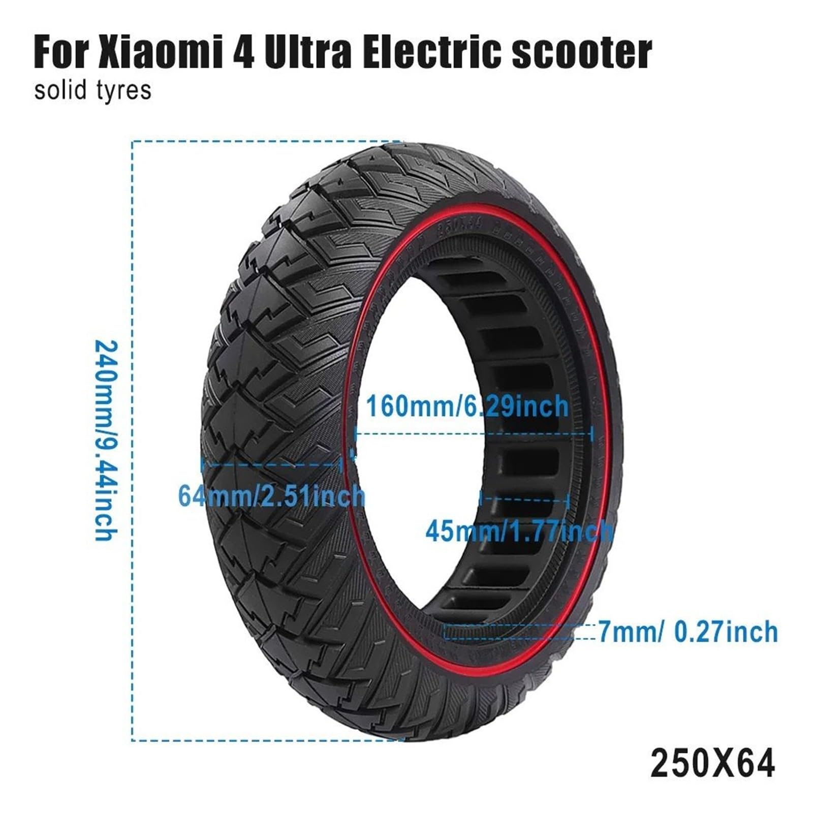 Neumático sólido for patinete eléctrico, compatible con Xiaomi, Mi4 Ultra, NAVEE, S65C, sin cámara, 10 pulgadas, 250 x 64, todoterreno rueda de scooter de goma maciza(Black)