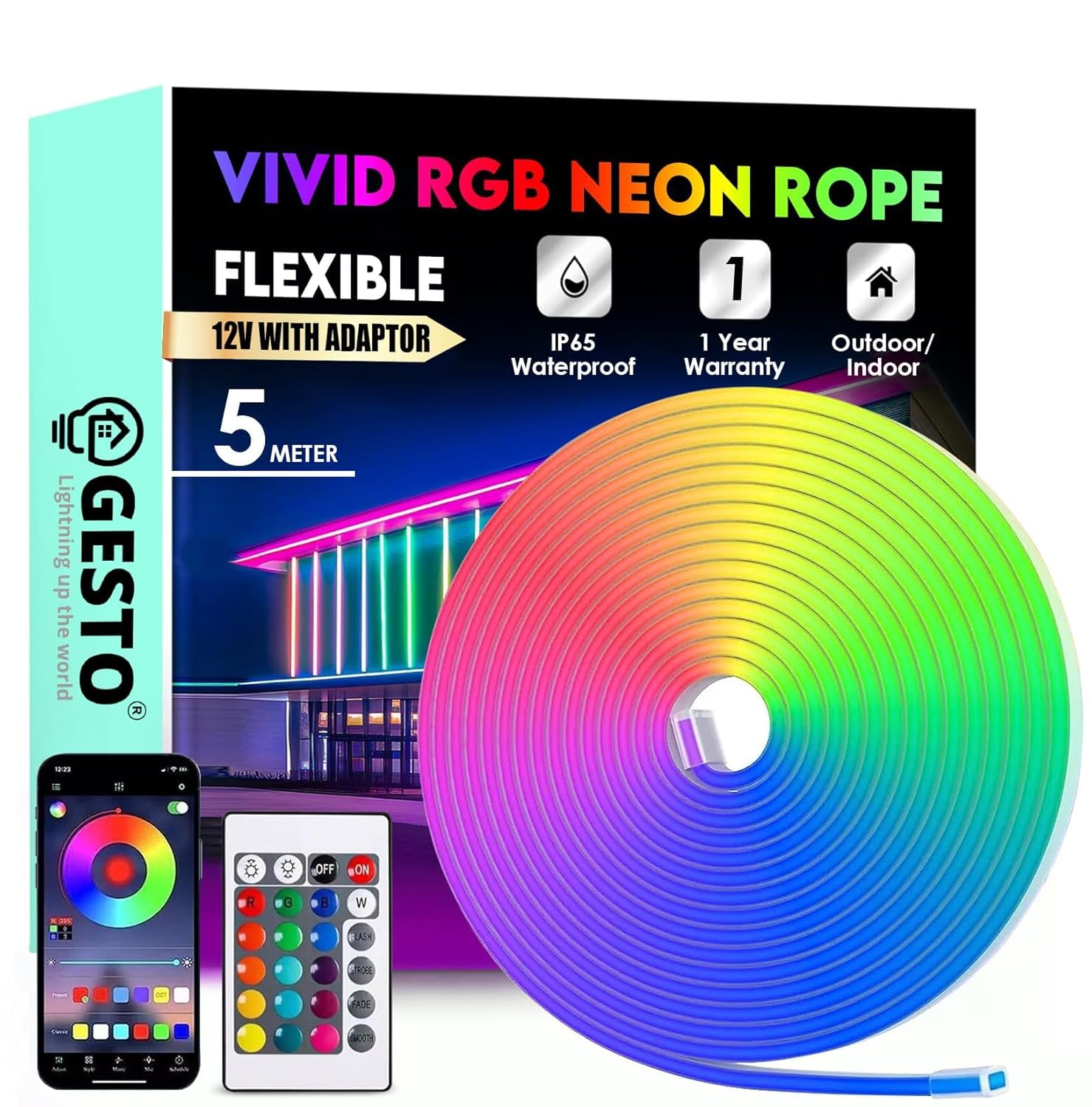 Gesto 5 Meter RGB Neon Strip Lights with Adaptor – Mobile App and Remote Controlled, Music Sync RGB Lights | DIY Design Multicolor LED Lights for Home Decoration,Diwali Decoration,PC,Gaming,Wall Decor