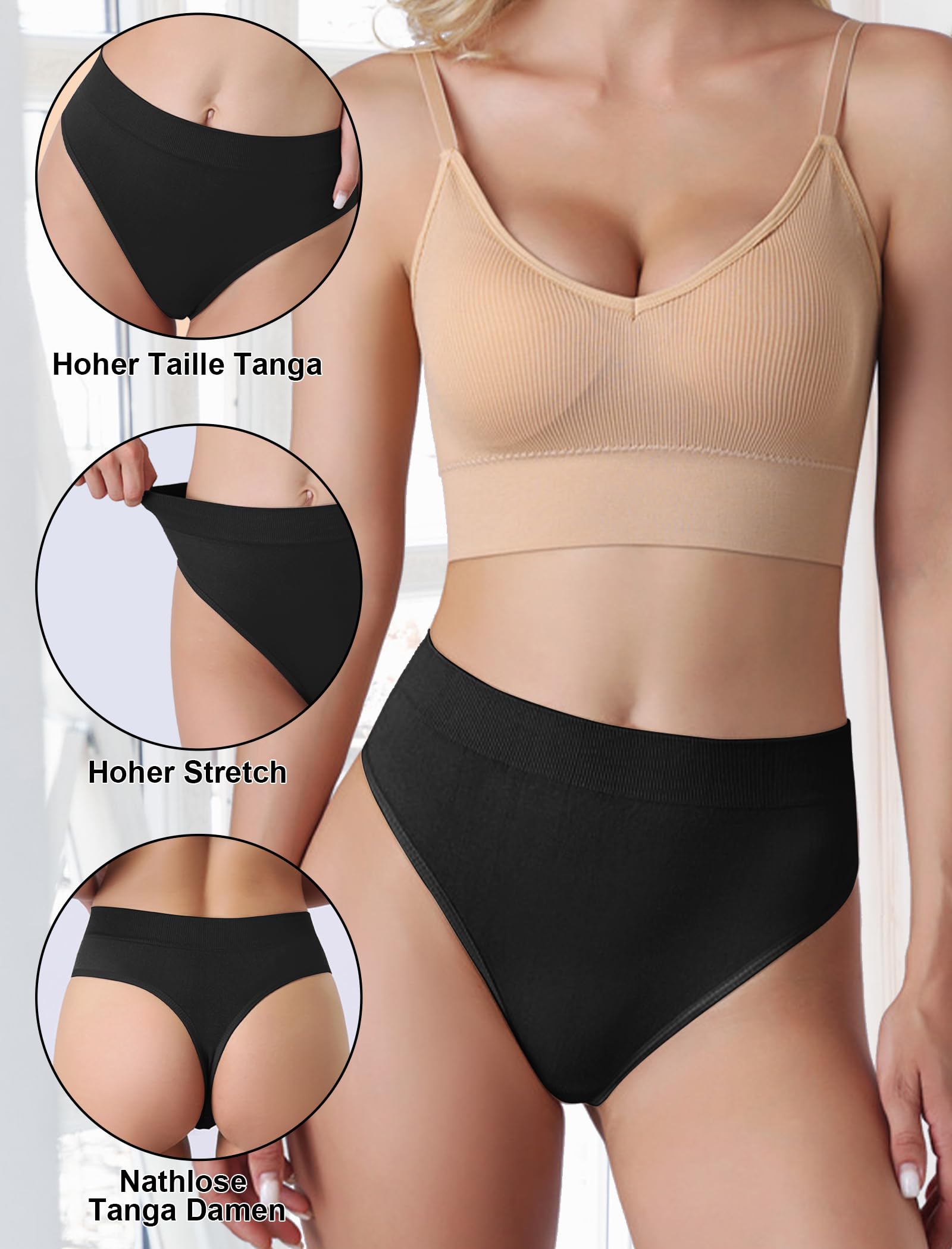 Lot de 6 strings pour femme - Culotte gainante - String sans couture - String pour femme - Taille haute - Sous-vêtements pour femme - Coton - Respirant - Doux