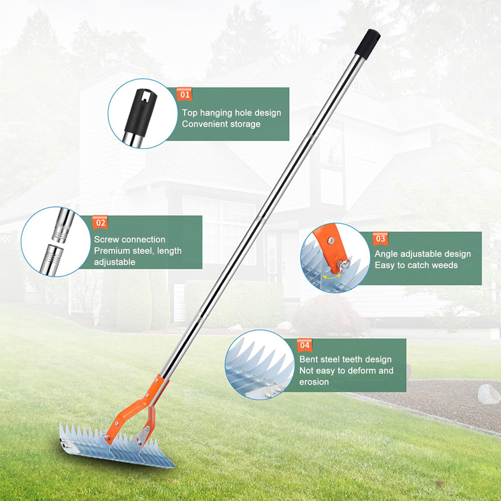 Rastrello scarificatore manuale da 37 cm, con manico regolabile e testa in metallo, perfetto per la cura del prato, la manutenzione del giardino e l'aerazione del cortile