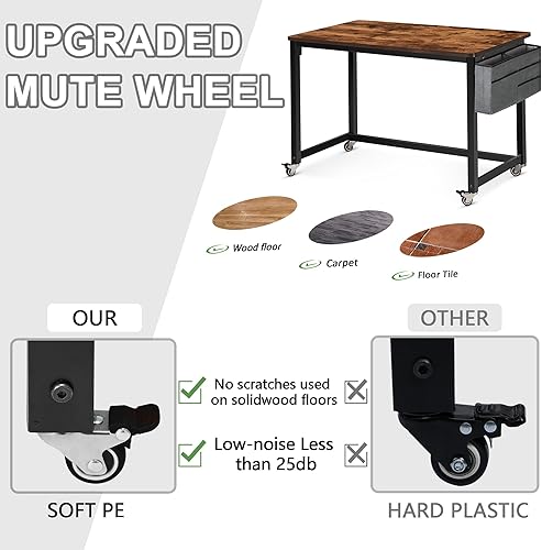 Miniatura 5 de AHB Escritorio de computadora con ruedas de 39 pulgadas con 4 ruedas lisas, escritorio móvil de estilo simple, mesa de estudio para oficina en casa,