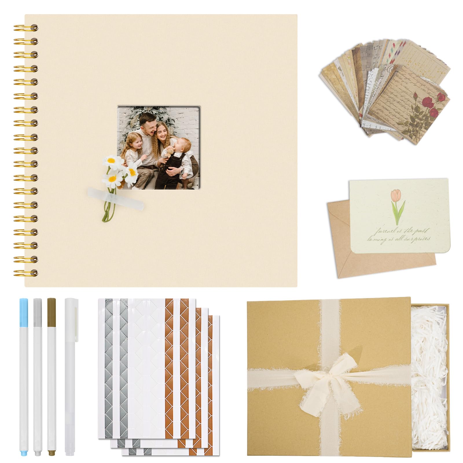 Vienrose DIY Scrapbook Album Gift Set, Linen Hardcover Memory Book, 25.5x25.5 cm Photo Album with 40 White Pages, Embellishments Kit for Wedding, Baby Shower, Travel, Christmas (Beige)