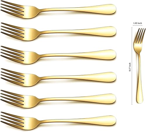 Miniatura 2 de Kyraton Tenedor de cena dorado, 6 piezas, tenedores de acero inoxidable de 8.17 pulgadas, chapado en titanio dorado, cubiertos de boda, tenedores