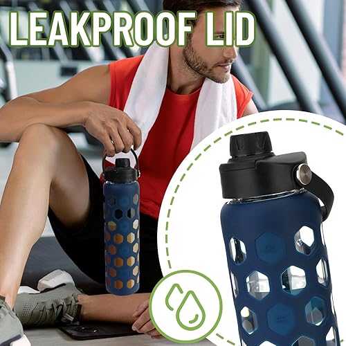 Miniatura 7 de Botellas de agua de vidrio de 32 onzas con 2 tapas, tapa de popote de bambú y tapa de boquilla, vaso de agua motivacional con funda de silicona con