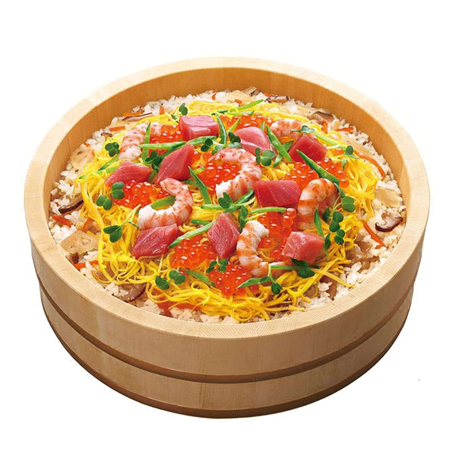 AIZYR Ręcznie wykonana miska do mieszania ryżu Hangiri Sushi Oke - japońska drewniana wanna do mieszania ryżu z łopatką do robienia sushi i mieszania ryżu sushi, 27 cm / 10,6 cala