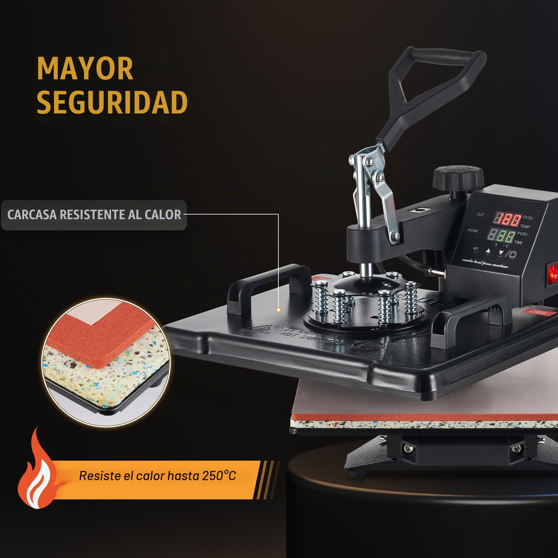 CREWORKS 8 en 1 Prensa de Calor 30X38CM con Pantalla LED Máquina de Sublimación Giratoria 360° Prensa Térmica para DIY Camisetas, Bolsas y Sombreros