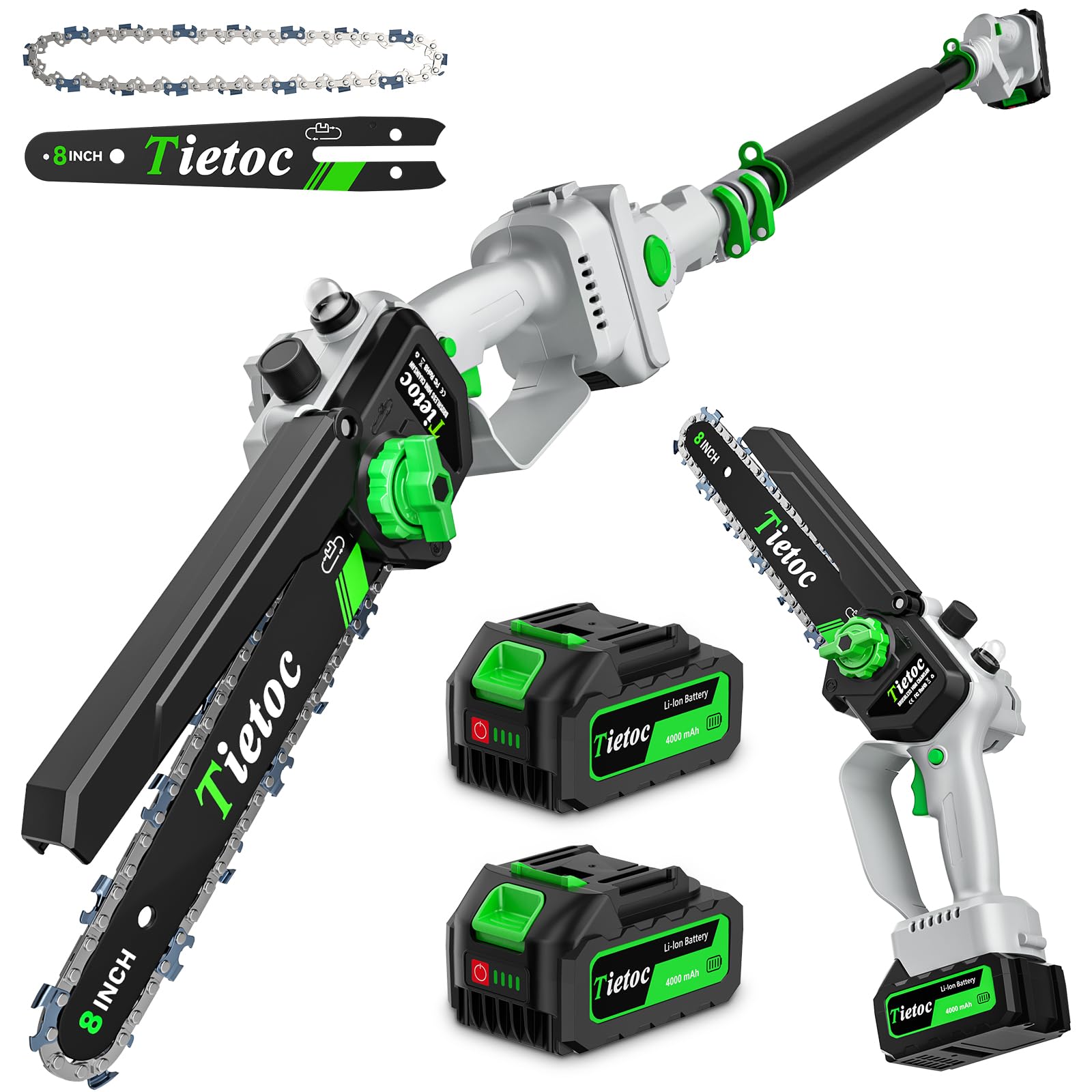 TIETOC 2-in-1 Brushless Pole Saw for Tree Trimming – 8" Mini Electric Chainsaw with 2×4000mAh Batteries, Auto Oiling, Tool-Free Adjustment,Cordless Battery Powered Saw for Home Garden Branch Cutting