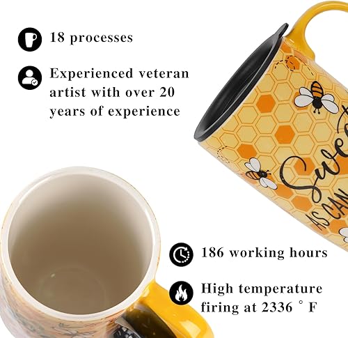 Miniatura 7 de Taza de viaje de café de cerámica con asa y tapa deslizante resistente a salpicaduras, taza de arte de abeja de té alta de porcelana de gran