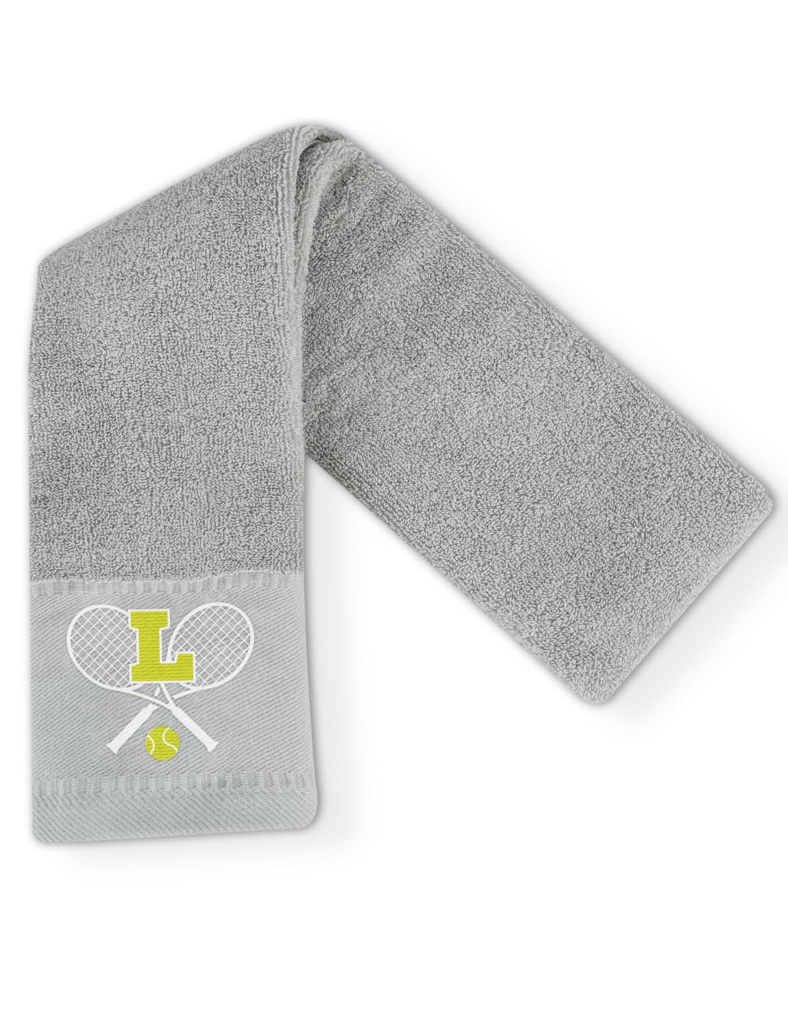 CybGene Embroidered Tennis Towel, Funny Tennis Gift for Men, Women & Lovers, Soft & Absorbent, Gray, Initial L