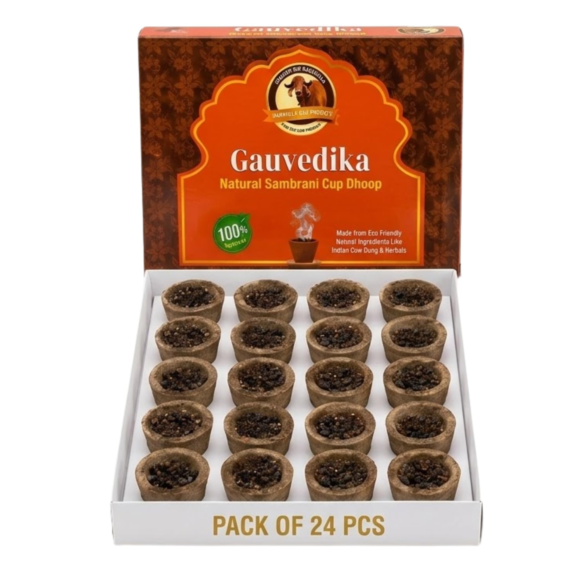 gauvedika sambrani cup dhoop | pack of 24 herbal dhoop cups for pooja, meditation & home use | cow dung based dhoop cups with herbal ingredients | traditional fragrance cups for daily rituals
