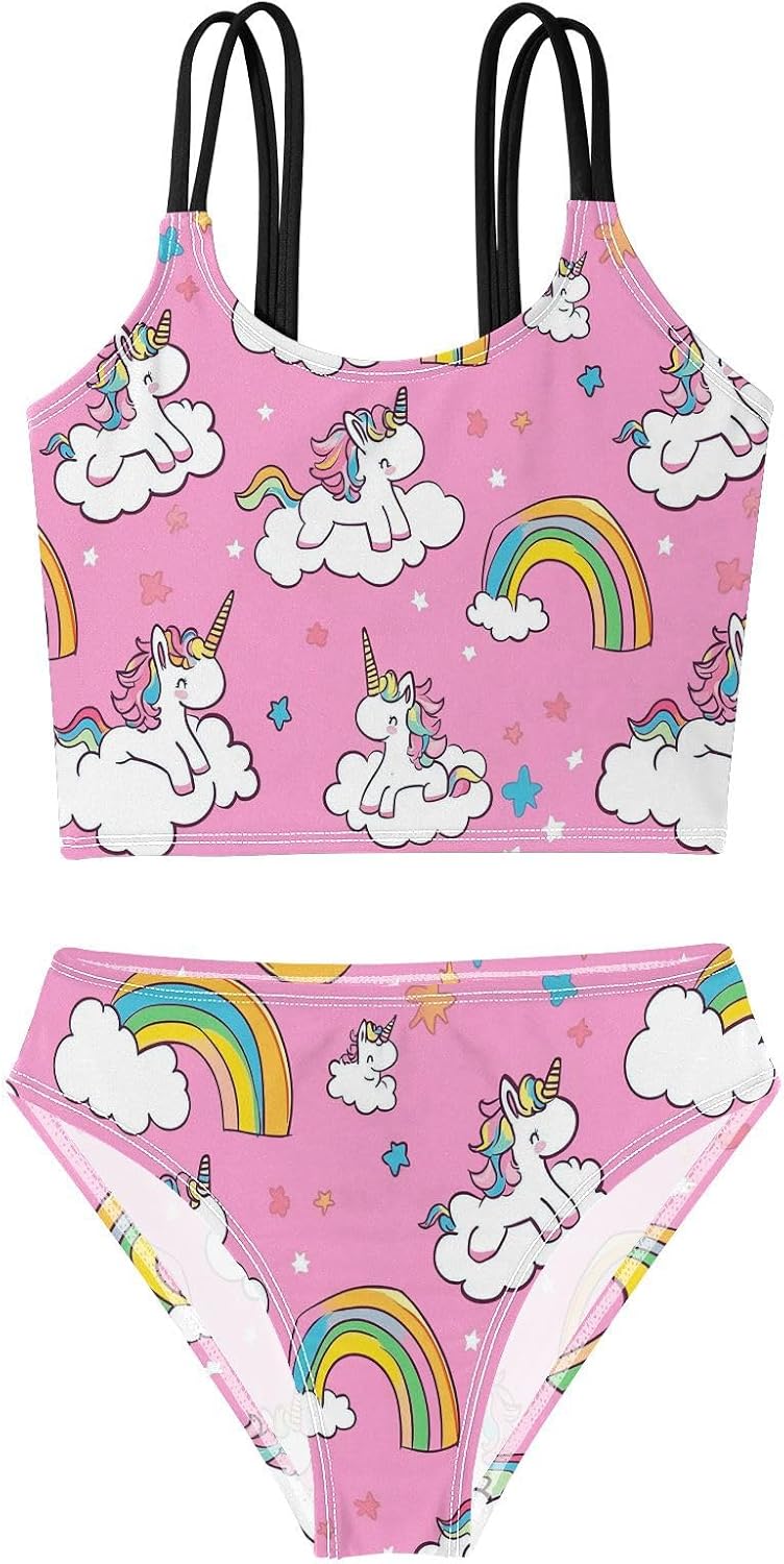 visesunny Girls Two Piece Swimsuits Rainbow Pink Unicorn Girl's Bikini Sets Bathing Suits for Girls Size 5-12Y