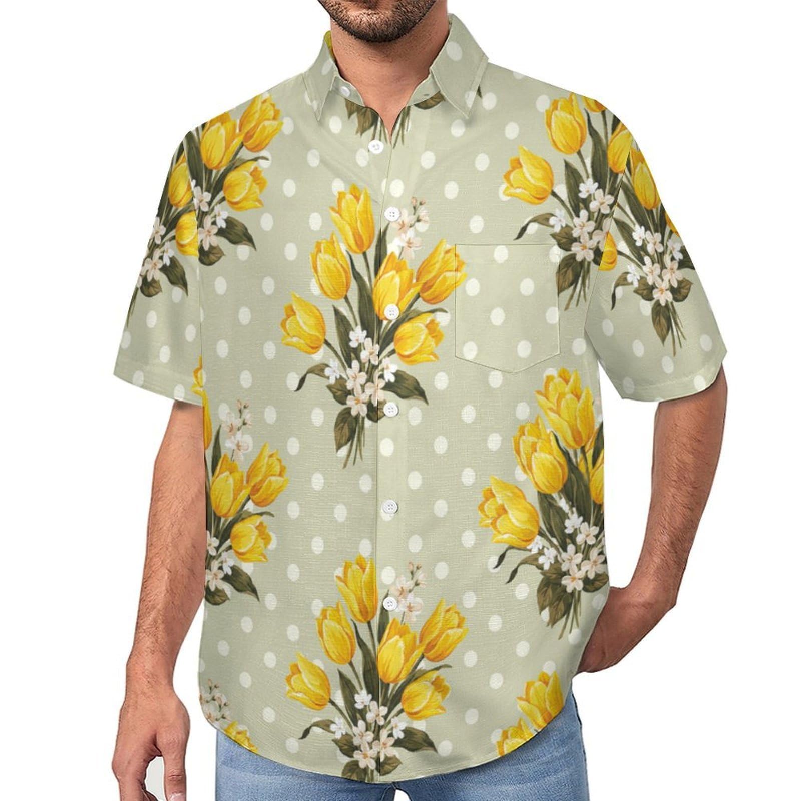 Camicie a Maniche Corte da Uomo - Camicie da Spiaggia con Stampa Tulipani Fiori A Pois, Funky Estiva Cool Camicia Hawaiana Monopetto Camicia S-7XL