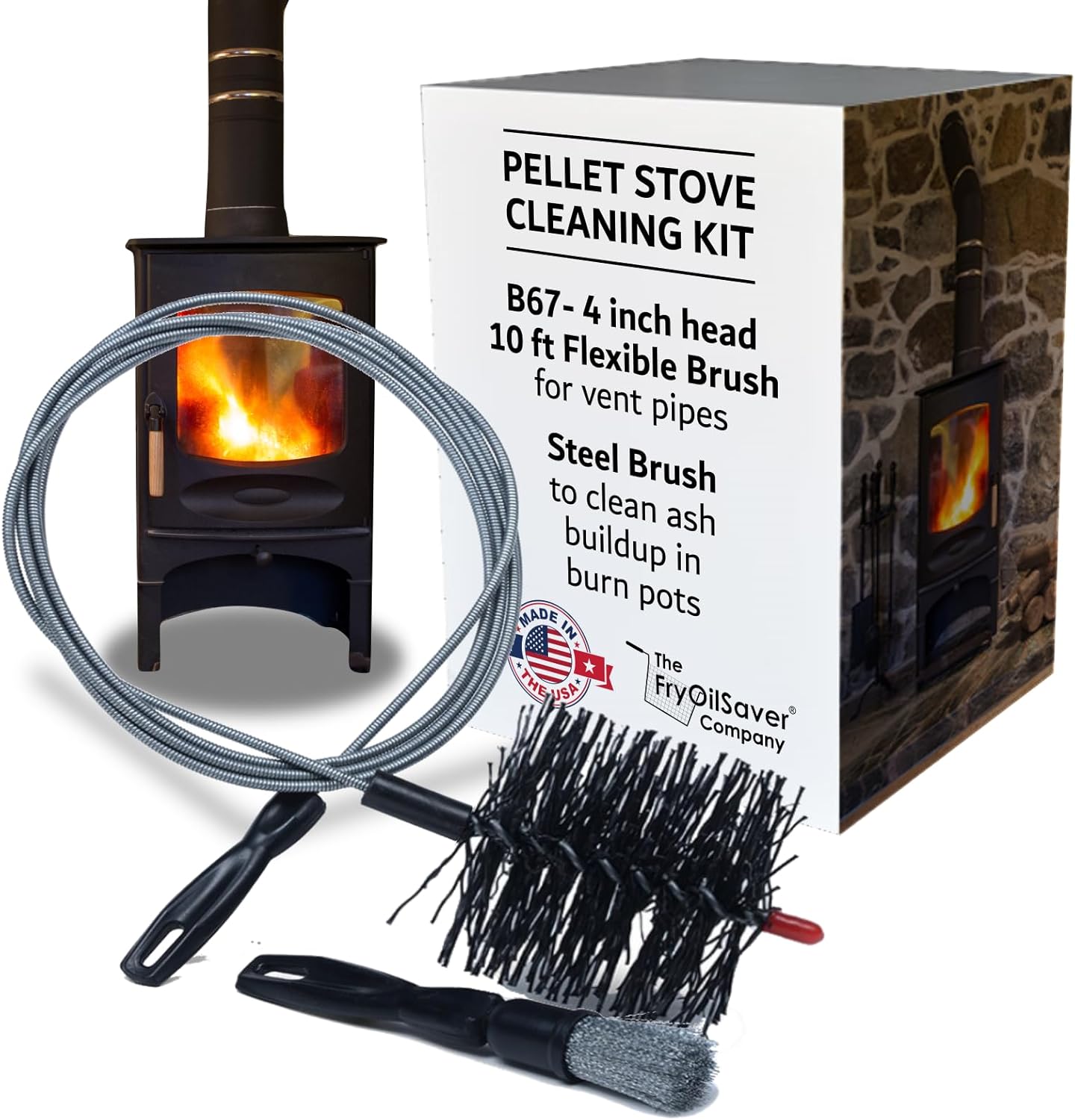Pellet Stove & Dryer Vent Cleaner Kit – 4 inch Head and 10 ft Long Steel Flexible Brush for Fireplace Chimney, Ash, Lint & Soot Buildup Removal - Pellet Stove Cleaning Kit by FryOilSaver B67-4