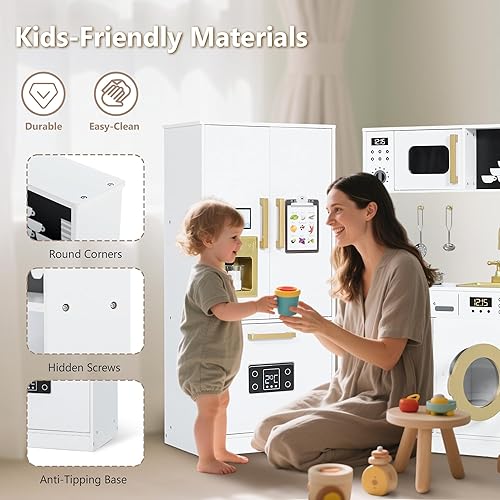 Miniatura 8 de Kinder King Juego de cocina de madera para niños, juego de cocina de juguete de simulación para niños pequeños, cocina con tabla de colorear