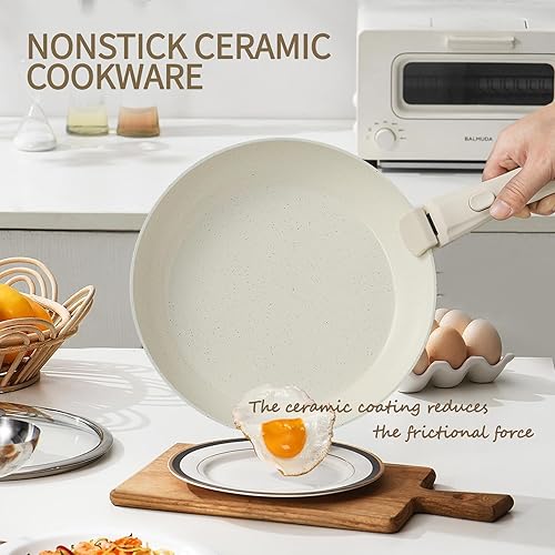 Miniatura 5 de Juego de 8 utensilios de cocina de cerámica, sartén de cerámica antiadherente, juego de ollas y sartenes con mango extraíble, juego de sartenes