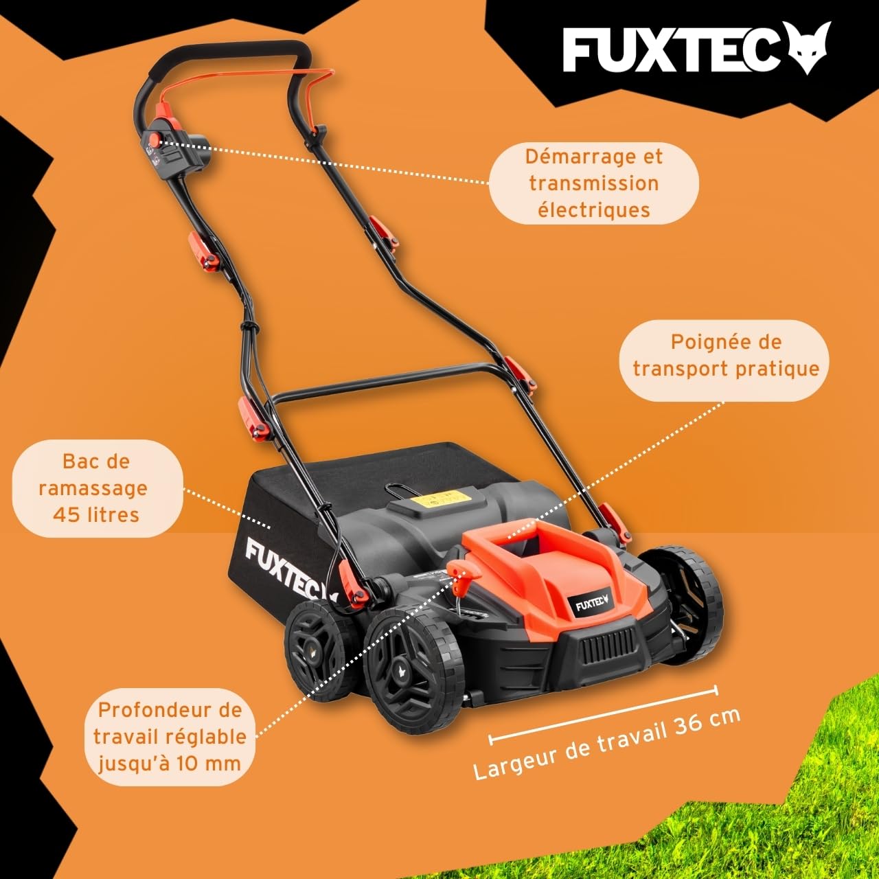FUXTEC Scarificateur électrique FX-EV360, aérateur de gazon avec 1500 watts de puissance, largeur de travail 36 cm et réglage de la profondeur sur 5 niveaux, bac de ramassage 45 L