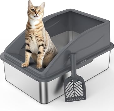 FURTIME Stainless Steel Cat Litter Tray Grey with Detachable Enclosure, 26cm High Sided Cat Litter Box Anti-Spillage and 58cm Extra Large Litter Tray for All Cats, with Litter Scoop, 58x37x26cm