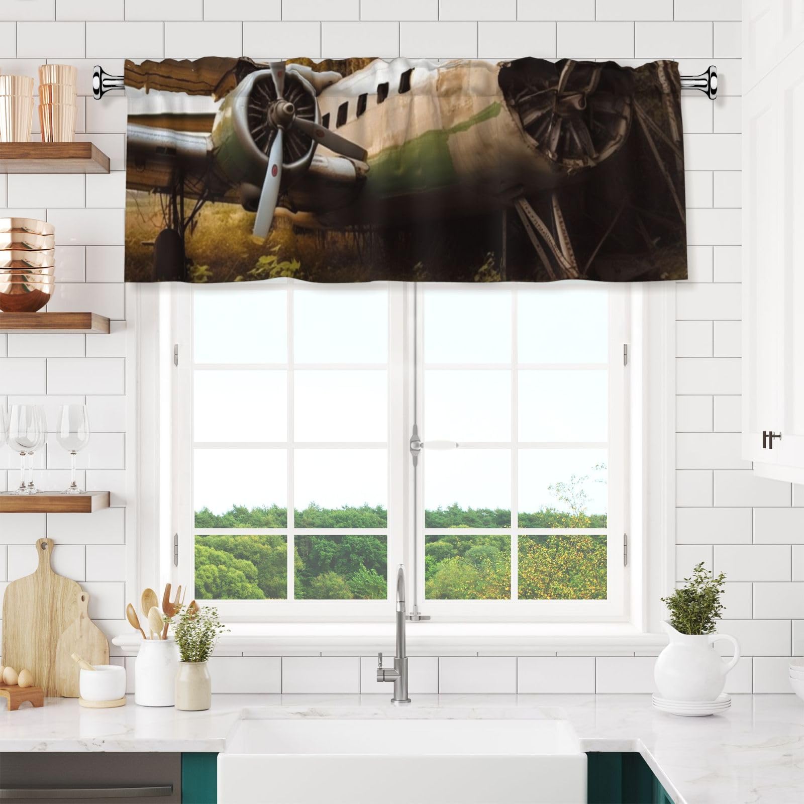 Anceky Valances Curtain for Kitchen Abandoned Plane Window Valance Bedroom Curtain Topper Valance Spring Window Valance Curtains Rod Pocket 54x18 Inch