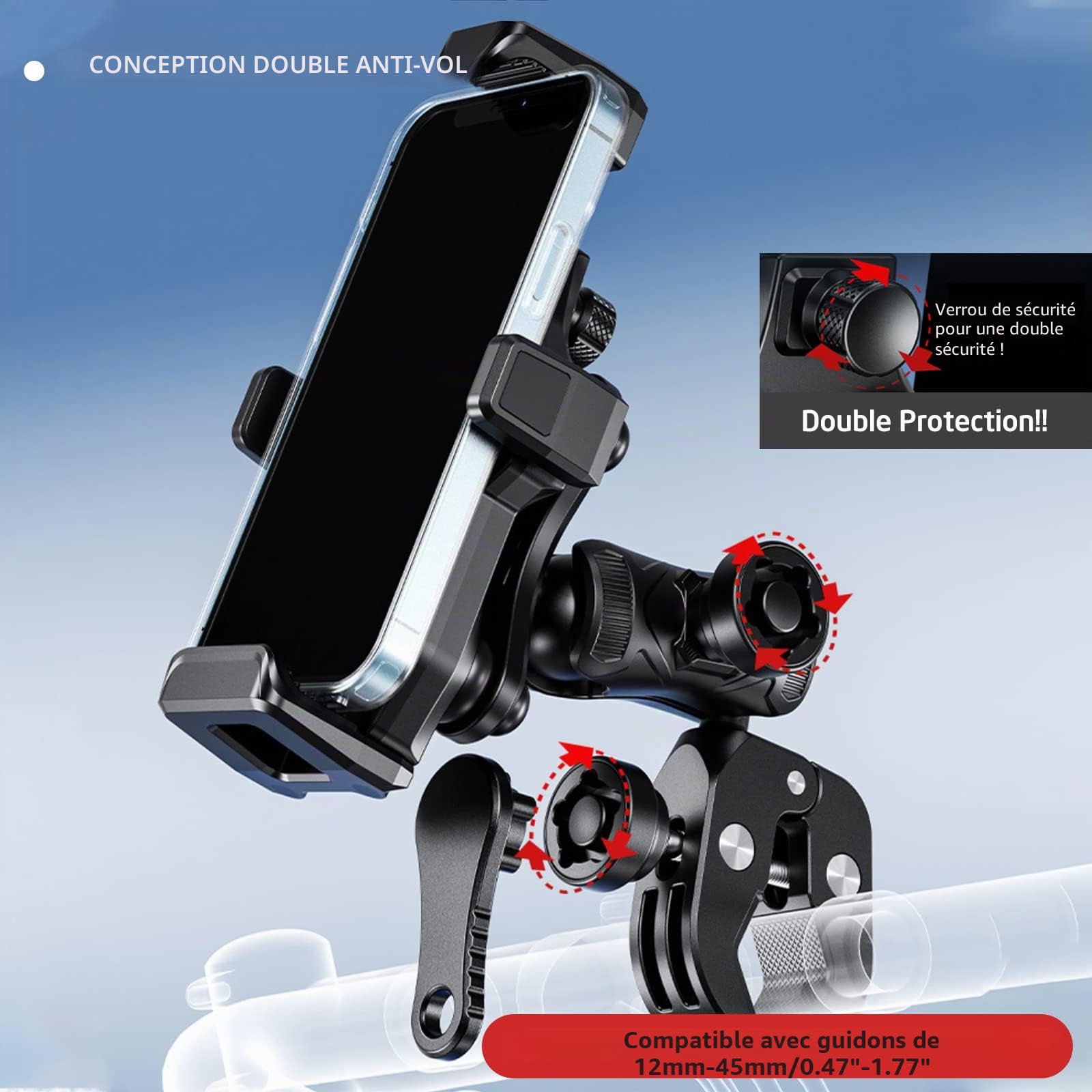 iMESTOU Anti-Vibration Téléphone Moto Mount 1 "Ball Handlebar Bike Mobike Holder Anti-Theft 360 ° de Rotation Universellement Compatible avec 4,7 "-7,2" Smartphones Max. 20mm d'épaisseur