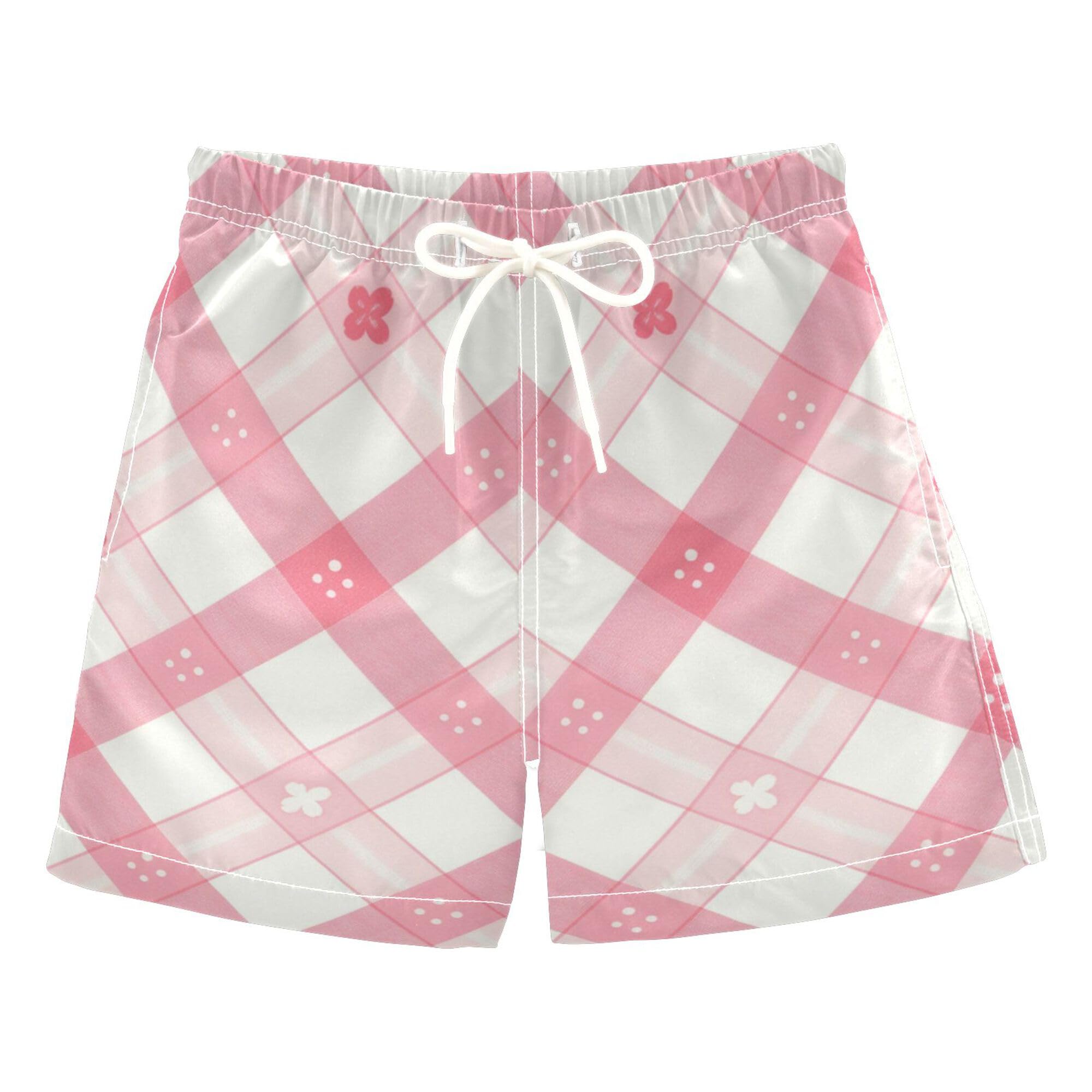 linqin Pink Beige Plaid Boys Swim Trunks Toddler Beach Board Shorts, Quick Dry Swim Shorts Suits 2-16 Years