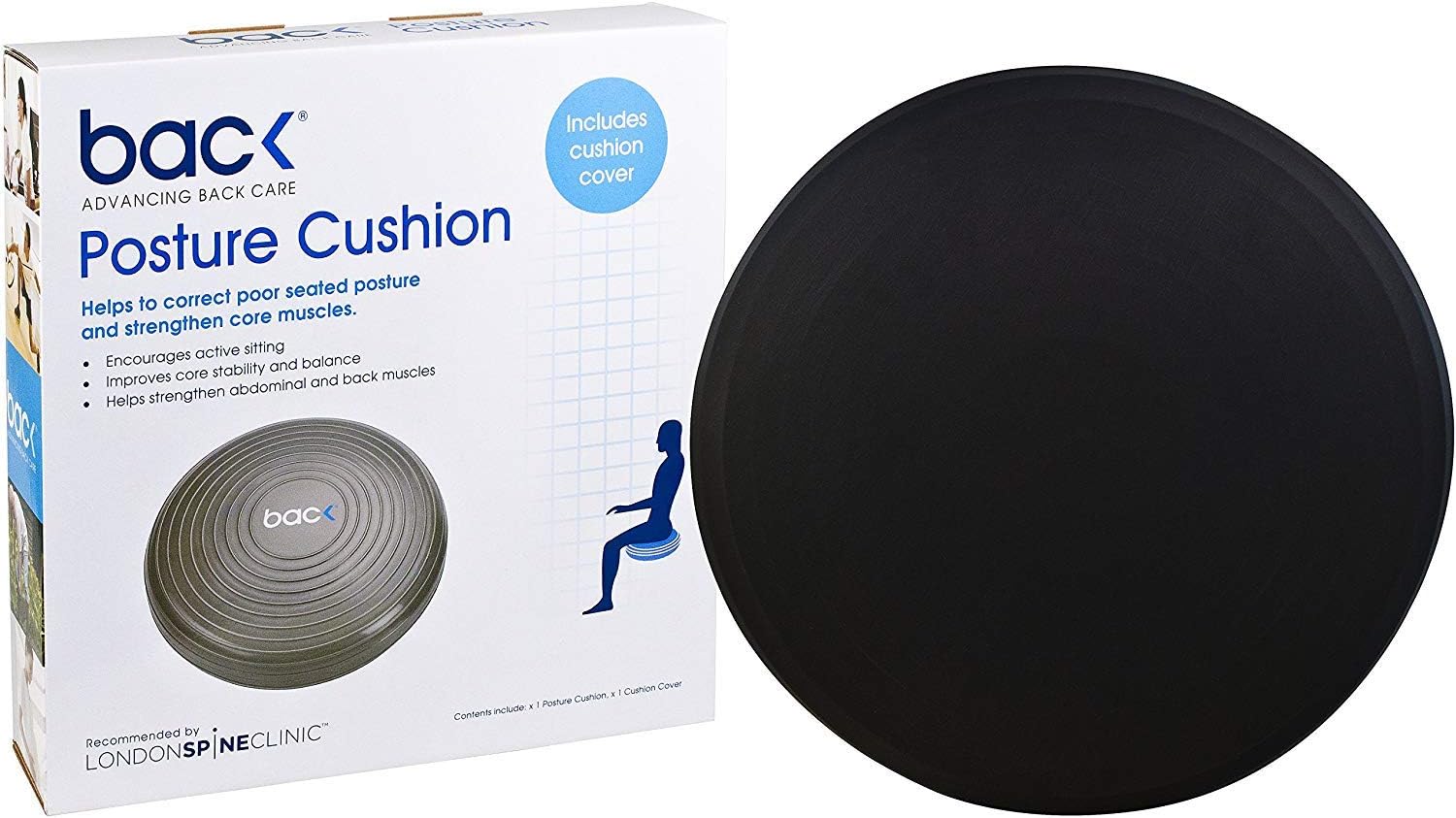 BACK Posture Cushion, Inflated Posture Wobble Cushion (with Cushion Cover) Stability Balance Disc - Encourages Active Sitting, Strengthening the Core & Improving Posture (Black)