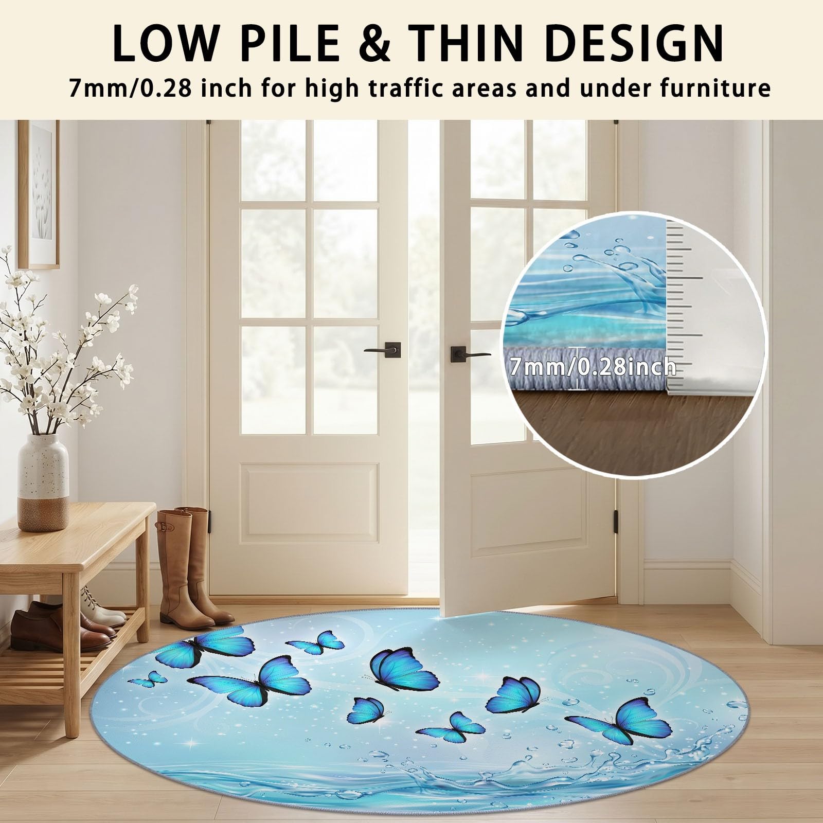 Alfombra redonda de 160 cm con diseño de mariposas azules y gotas de agua, lavable, alfombra de cuarto de bebé, alfombra de juegos para niños y niñas, alfombra de suelo, antideslizante, suave, color