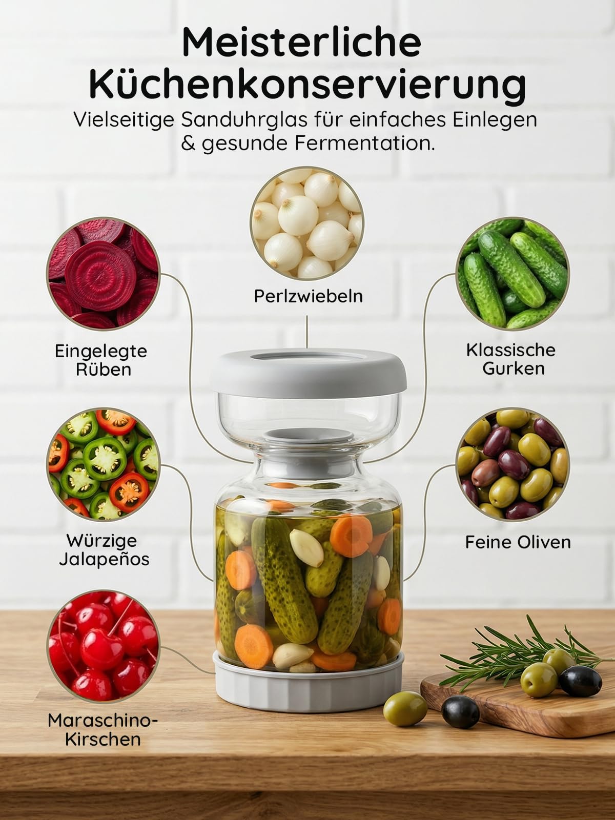 Homnoble Gurkenglas zum Umdrehen, 1L Glas Einlegeglas mit Sieb Sanduhr, Pickle und Olive Jar Flip Food-grade ABS Deckel und BPA Frei für Essiggurke Olive Kimchi Jalapenos