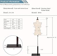 Vista 3 de VINGLI Forma de vestido femenino, cuerpo de torso de maniquí con soporte de madera ajustable para diseño de ropa, maniquí pinable (blanco, 2-4)