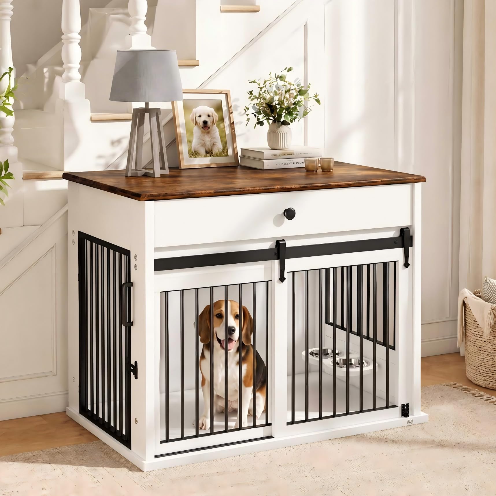Cassa per Cani, Cassa per Mobili con Porte Scorrevoli, Tavolino in Legno per Cani con Cassetto, Casa per Cane con Serratura e Ciotola per Girevole a 360° Bianco