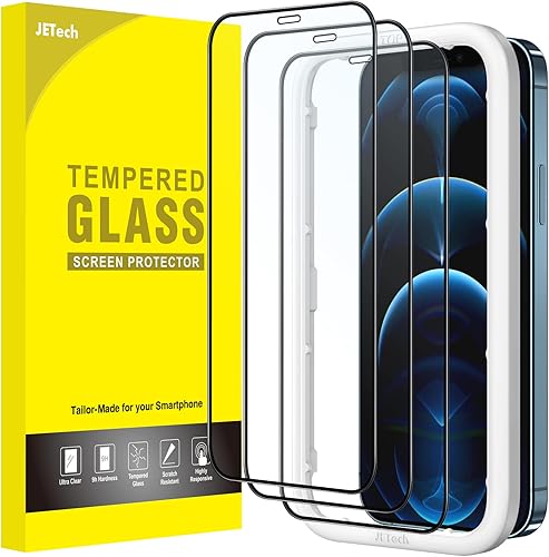 JETech Protector de pantalla de cobertura completa para iPhone 1212 Pro de 61 pulgadas película de vidrio templado con borde negro con herramienta