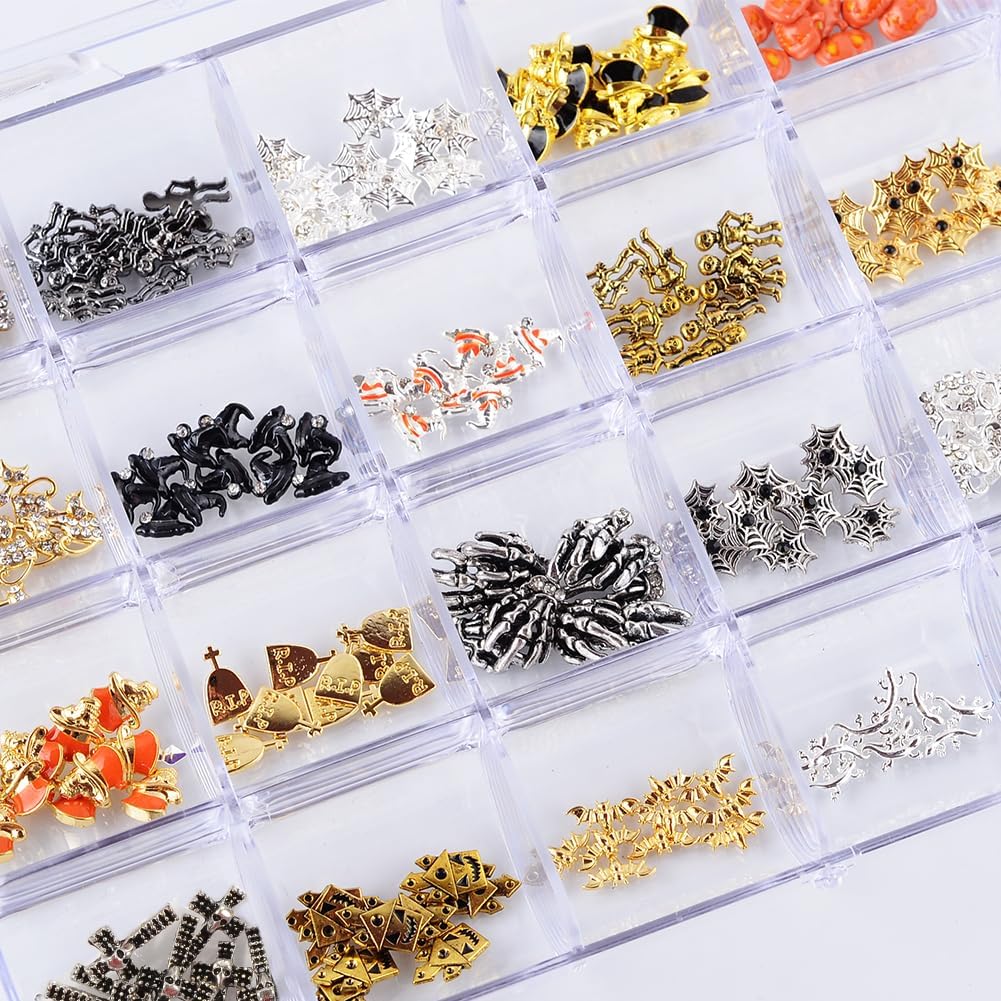 Halloween Nail Charms - 24 Styles/Box Metallic Nail Studs & Rhinestones DIY Decorations