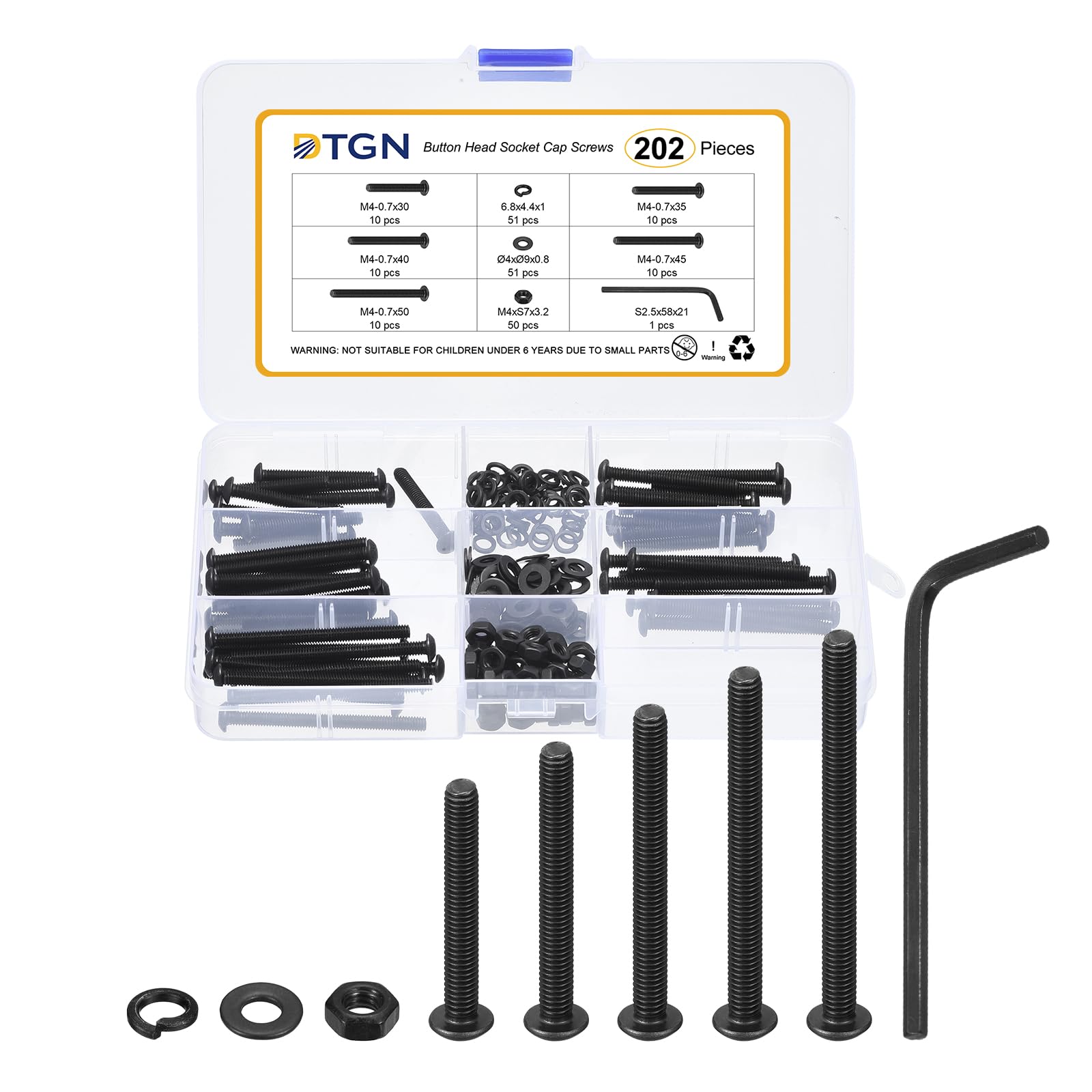 DTGN 202Pcs M4-0.7x30/35/40/45/50mm Button Head Socket Cap Screws - Carbon Steel Bolt Nut Set Washer Assortment Kit & Wrench - Good for Road Bicycle, Mountain Bike, Auto