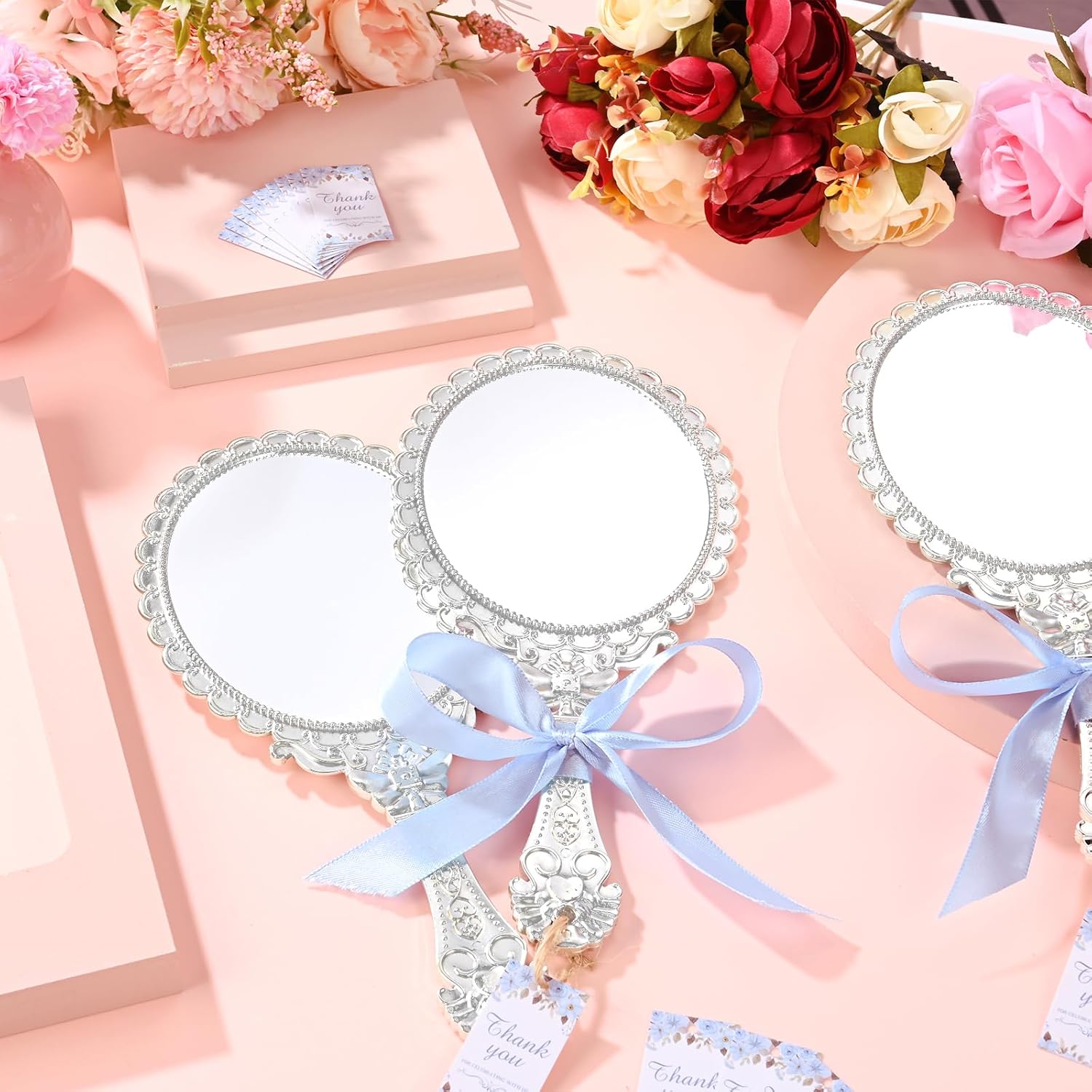 12 Set Vintage Handheld Mirror with Handle, Embossed Flower Portable Princess Mirror with Ribbon and Thank You Tags Compact Hand Travel Mirror for Wedding Classroom Kids Princess Party Favors