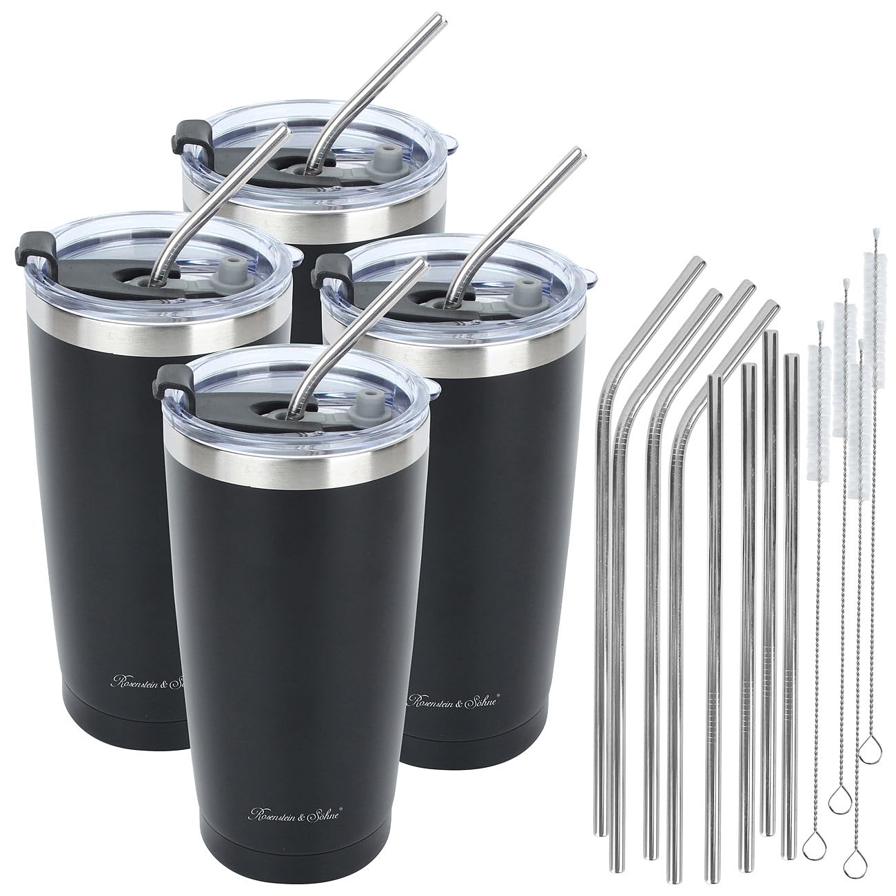 Rosenstein & Söhne Kaffee Tasse: 4er-Set doppelwandige Isolierbecher, schwarz, 600 ml, Edelstahl (Edelstahl Thermobecher, Isolierbecher für Tee, EIS)