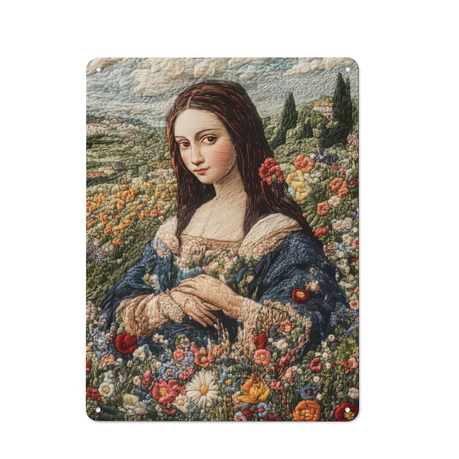 Junmoney Embroidered Mona Lisa Printed Metal Sign 40X30cm For Garage Wall, For Living Room And Hallway Decor, For Home Office And Studio Walls