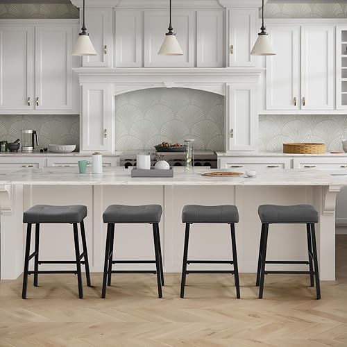 Miniatura 7 de KR302PDG - Juego de 2 taburetes de bar de altura de mostrador, 24 pulgadas, taburetes de bar tapizados acolchados grises para encimera de cocina,