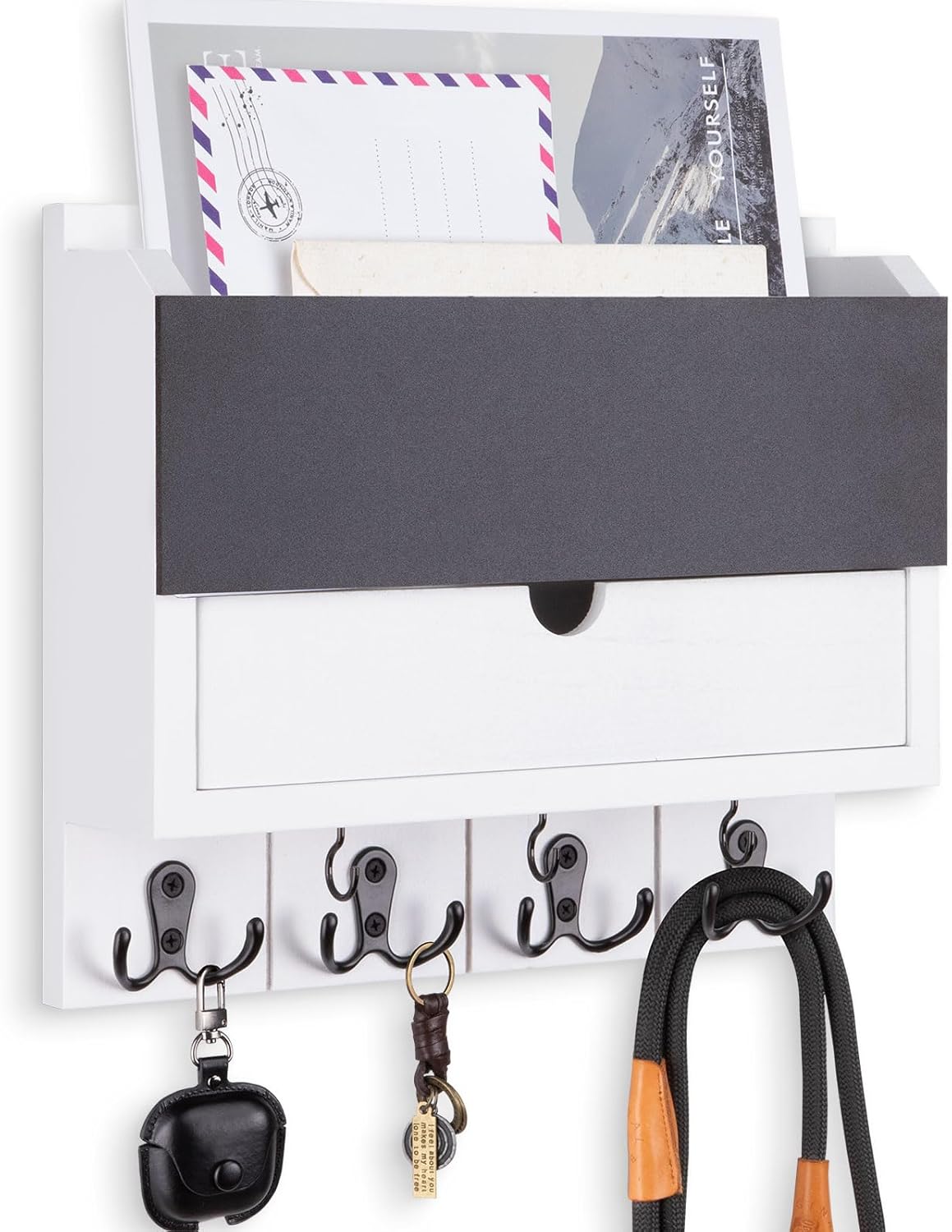 Mail and Key Holder Wall Mount with Storage Drawer – Modern Wooden Mail Organizer for Wall Entryway, 7 Key Hooks & Chalkboard Panel – Stylish Home Decor for Apartments, Living Room, Office