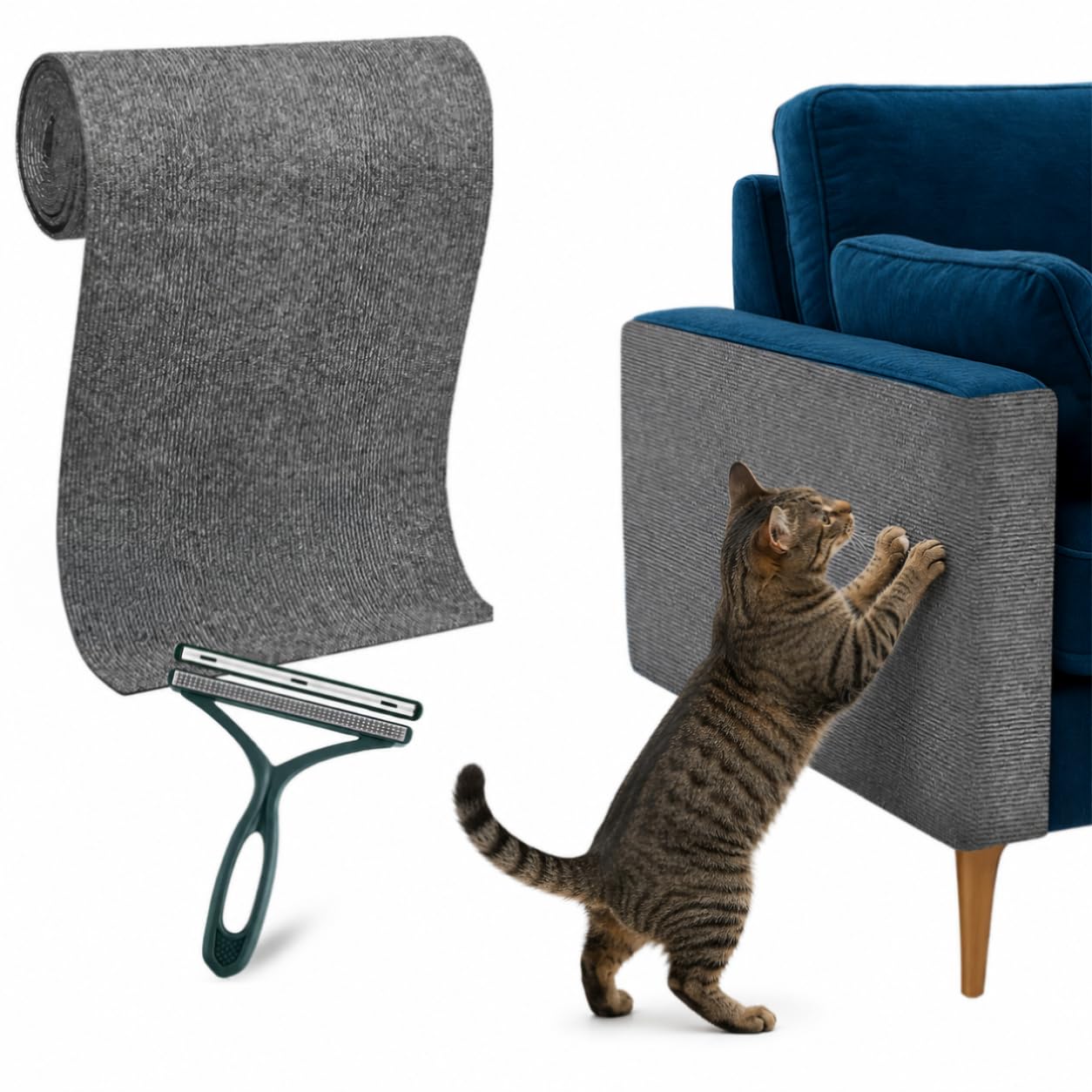 Rascador Sofa Gatos Autoadhesivo | Protector Sofa Gatos Anti Arañazos Recortable 200x40 cm | Alfombra Rascadora Adhesiva para Muebles | Incluye Cepillo Quitapelos | CORAZOO