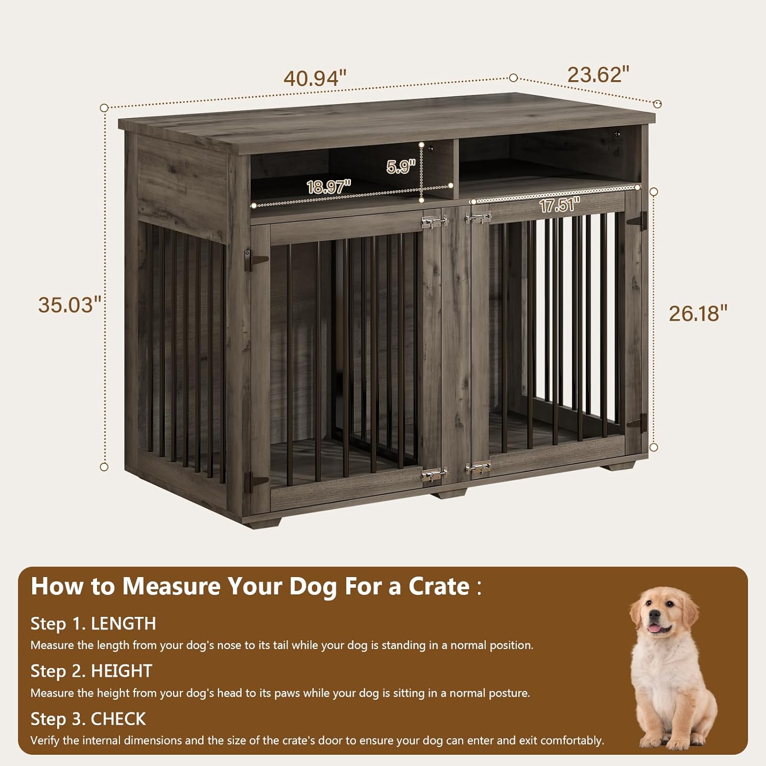 Furniture Dog Crate for Two Dogs, 41 Inch Farmhouse Style Dog Kennel with Removable Divider and Thickened Desktop, Heavy-Duty Base for Small to Medium Dogs, Grey