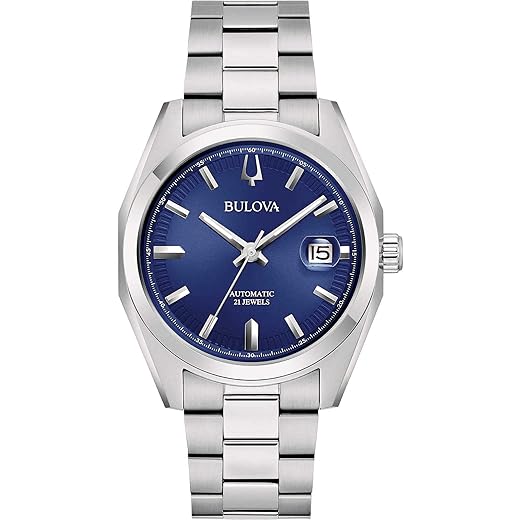 Bulova Relógio masculino automático Surveyor, fundo azul, 96B436, caixa de aço e pulseira, Prata, pulseira